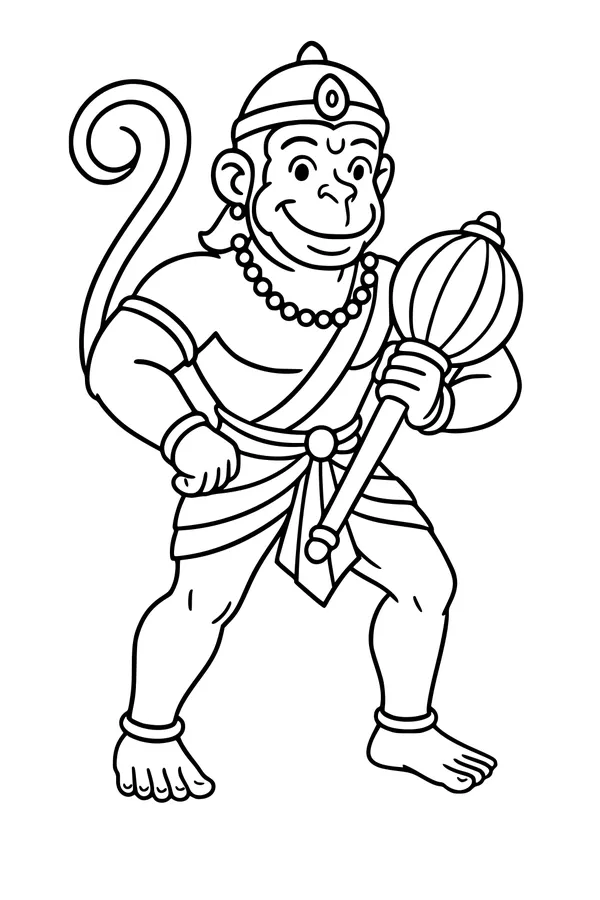 Free Hanuman Monkey Coloring Page - Hero Boy With Mace (Printable PDF)