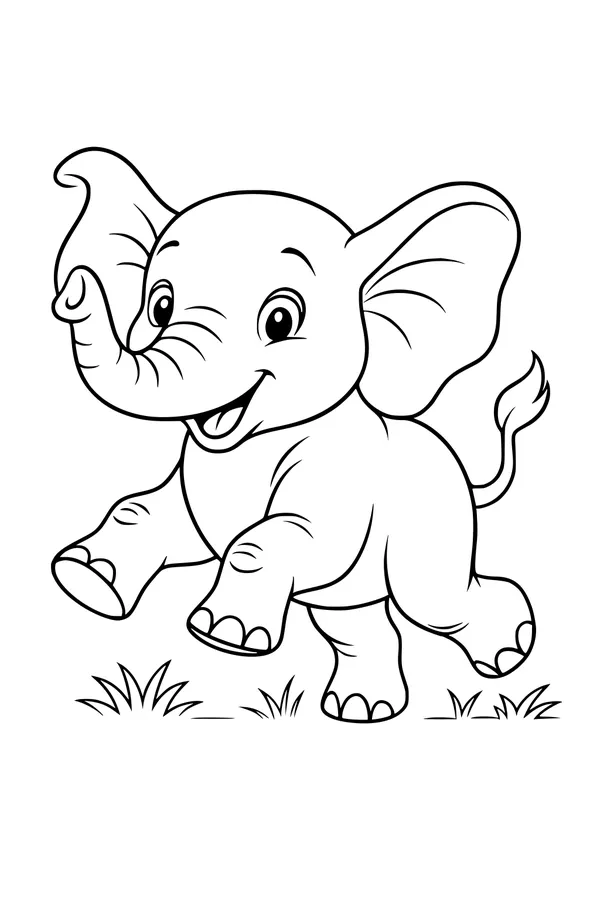 Free Elephant Coloring Page - Happy Baby Running Through Grass (Printable PDF)