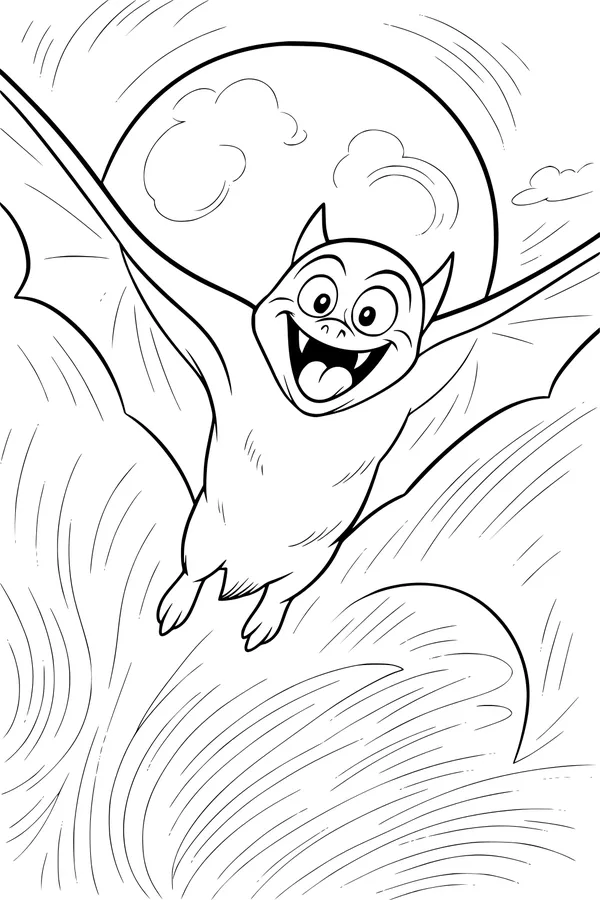 Free Bat Coloring Page - Smiling Cartoon Bat Flying by the Moon (Printable PDF)