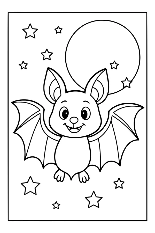 Free Bat Coloring Page - Cute Cartoon Bat Flying Under Night Stars (Printable PDF)