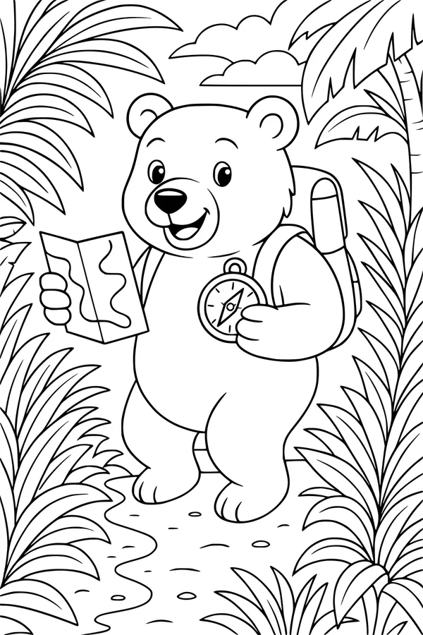 Free Bear Coloring Page - Jungle Explorer With Map (Printable PDF)
