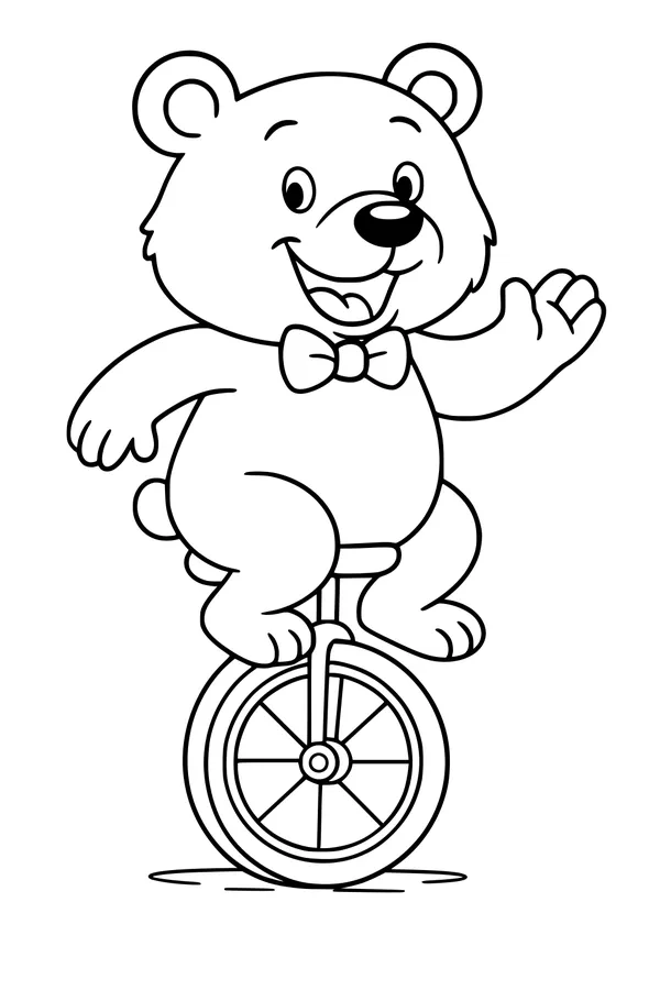 Free Bear Coloring Page - Bowtie Bear on a Unicycle (Printable PDF)