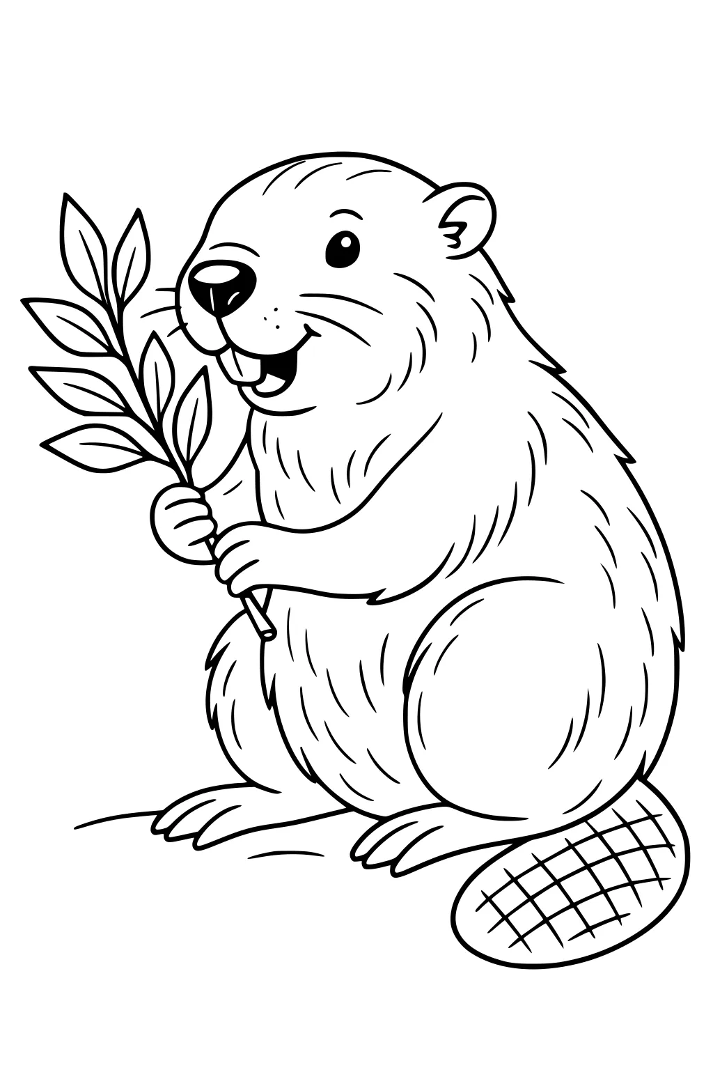 Beaver with big front teeth holds a leaf-covered twig in its paws while sitting on the ground with its flat tail showing.