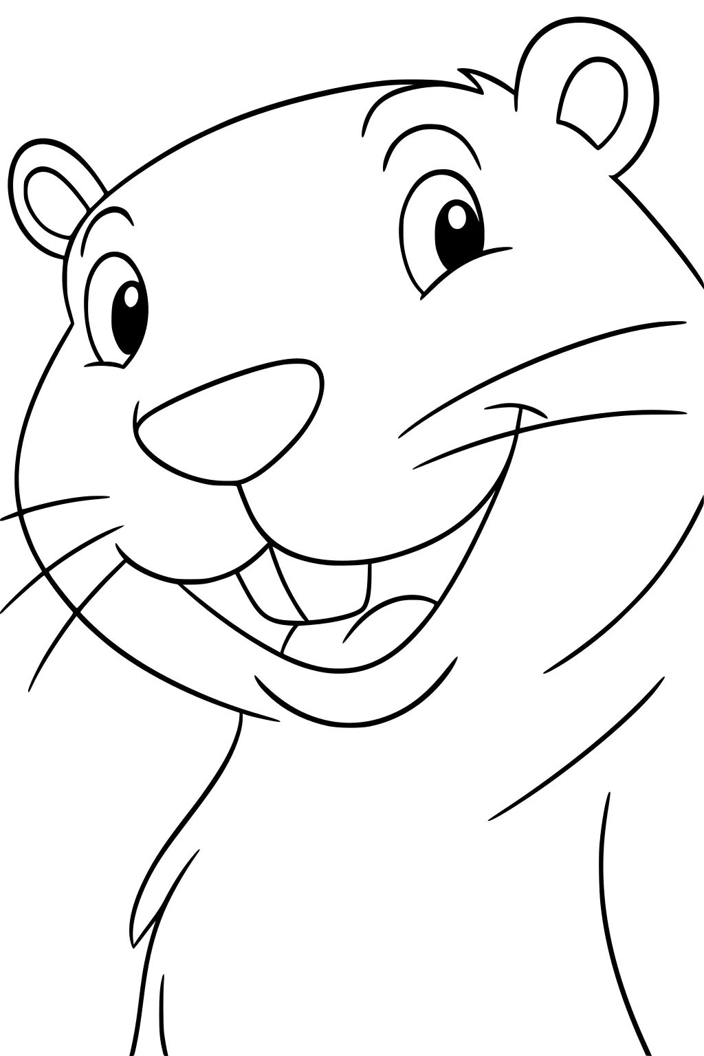 Cartoon beaver face with big buck teeth, wide nose, round eyes, and perky ears, shown up close.