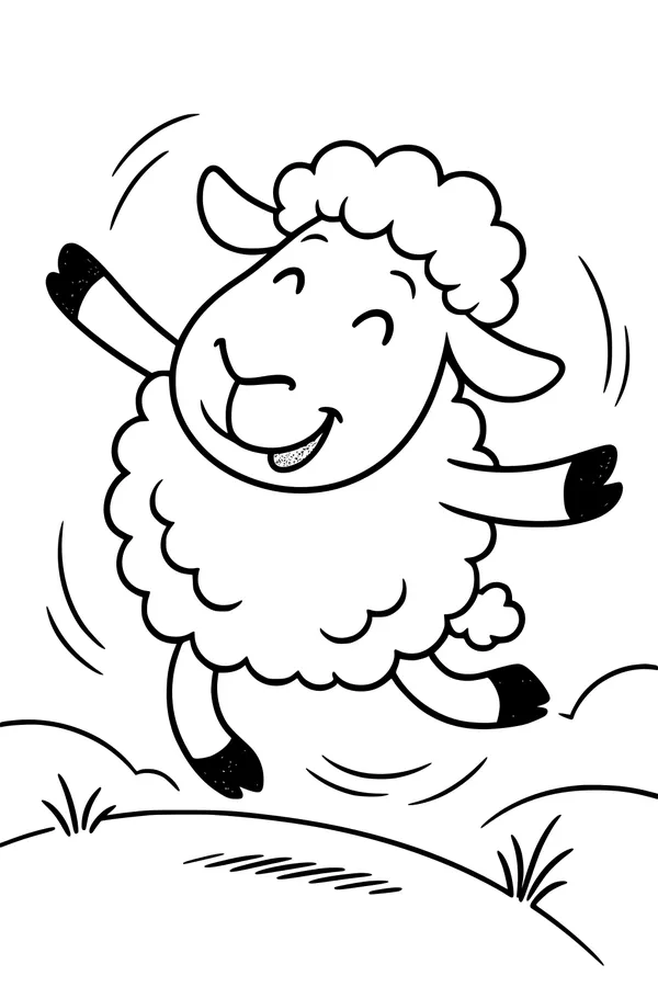 Free Sheep Coloring Page - Leaping Lamb on Grassy Hills (Printable PDF)