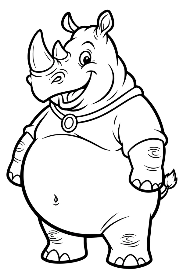Free Rhinoceros Coloring Page - Smiling Cartoon Rhino Standing Upright (Printable PDF)