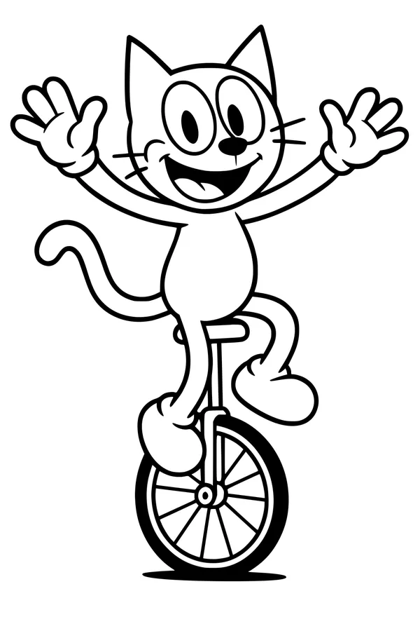 Free Cat Coloring Page - Cartoon Circus Cat on a Unicycle (Printable PDF)