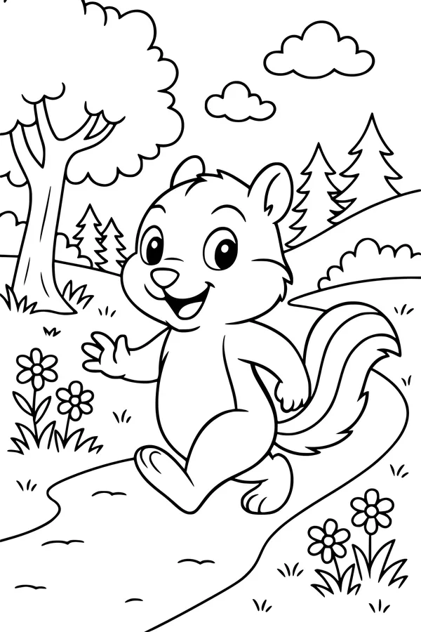Free Chipmunk Coloring Page - Cheerful Forest Path Stroll (Printable PDF)