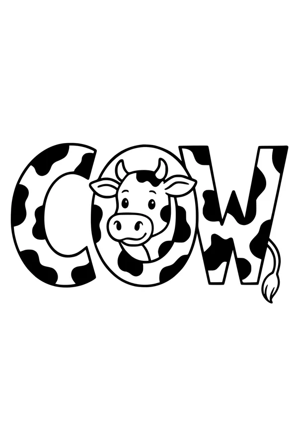 Free Cow Coloring Page - Spotted Alphabet Word Art (Printable PDF)