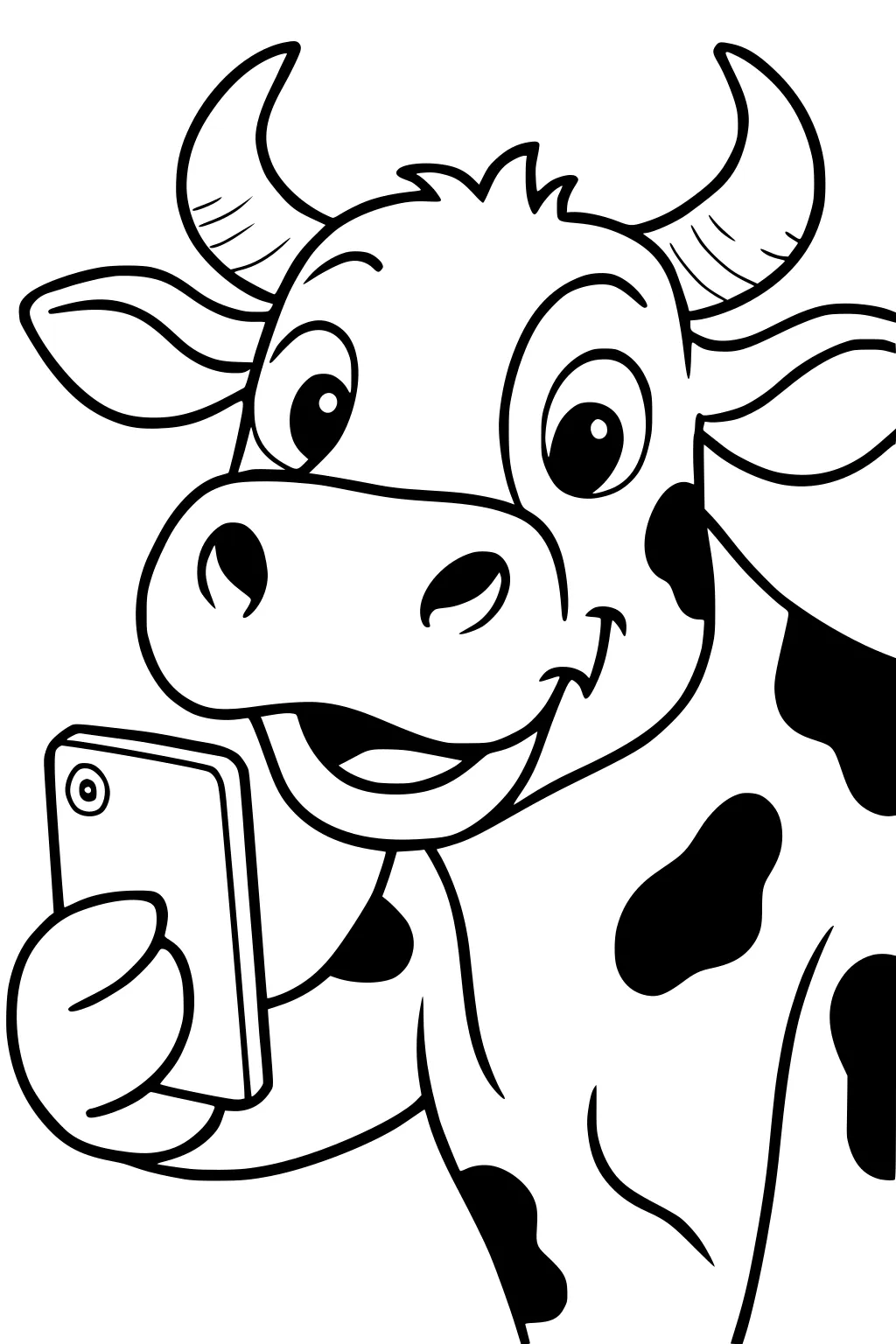 Happy cartoon cow with black spots taking a selfie with a smartphone and smiling widely.