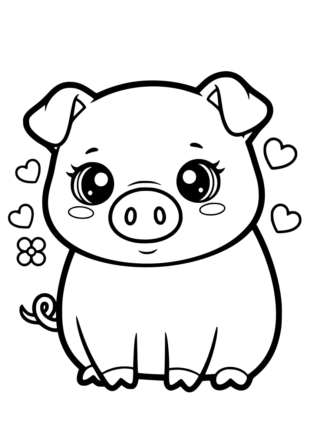 Cartoon piglet sitting with a smile, big eyes, heart shapes, and a small flower next to a curly tail.