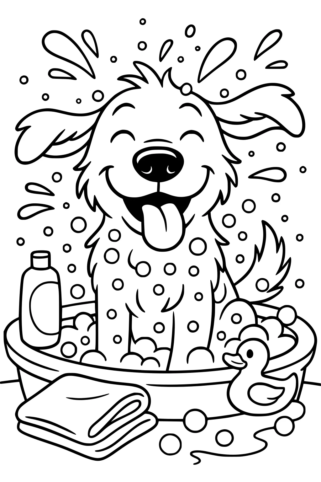 Happy cartoon dog in bubble bath with flying water drops, rubber duck, soap bottle, and towel beside the tub.