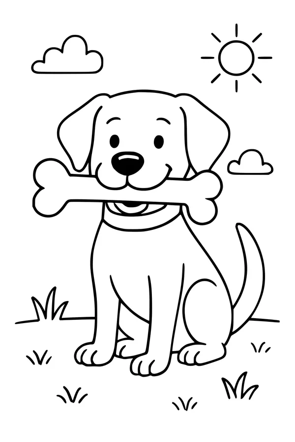 Free Dog Coloring Page - Cute Puppy With Big Bone Outdoors (Printable PDF)