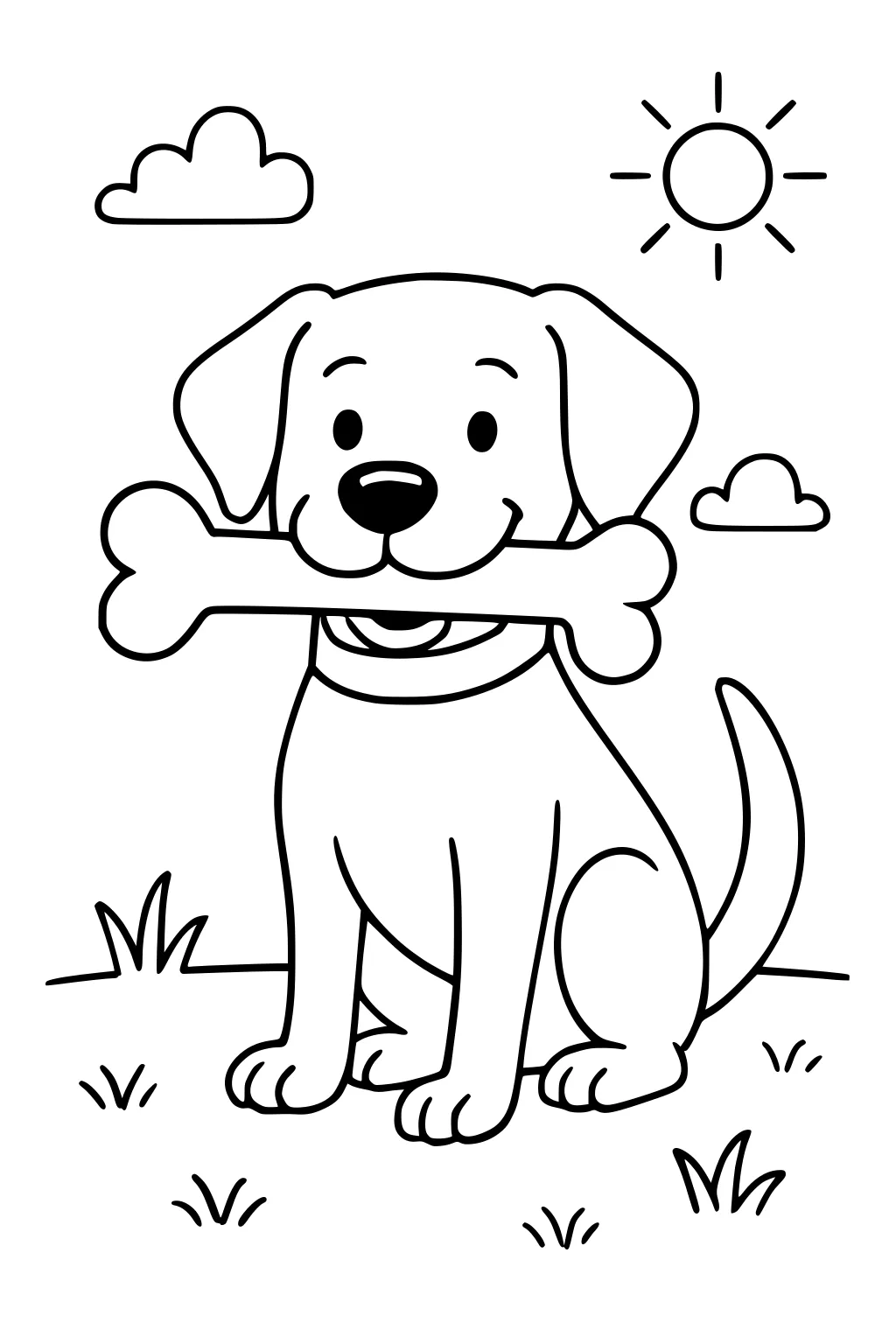 Cartoon puppy sits on grass with a big bone in its mouth, under sun and clouds.