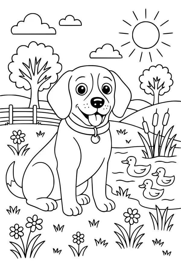 Free Dog Coloring Page - Playful Pup by Sunny Pond with Ducks (Printable PDF)