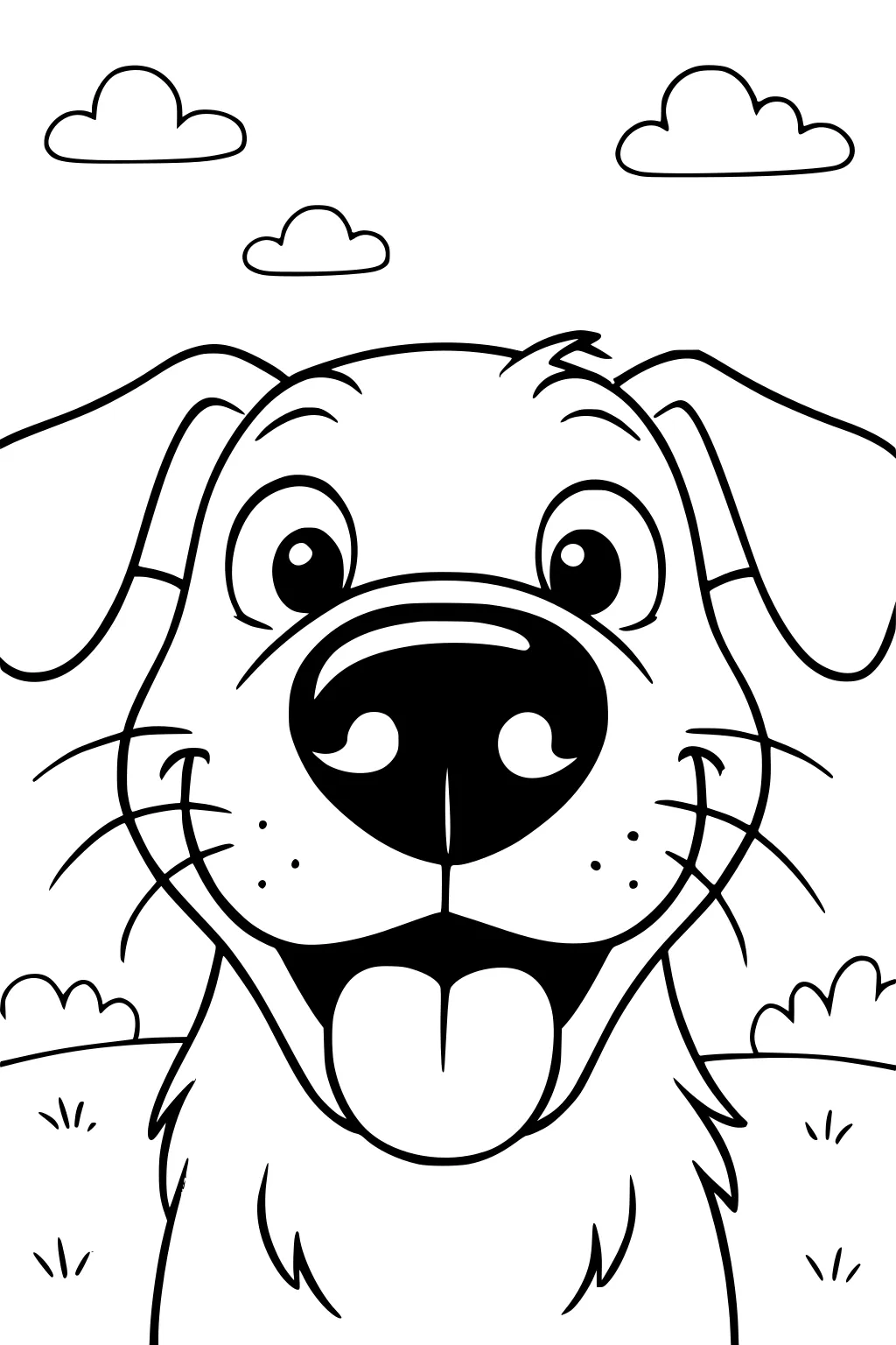 Cartoon dog with big eyes and tongue out, floppy ears, nose close to viewer, grassy background, and three clouds.