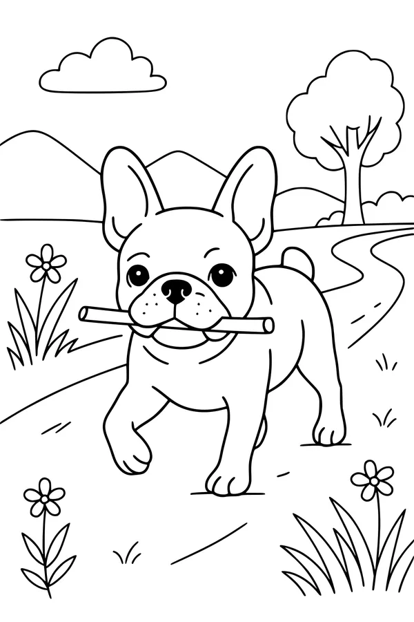 Free French Bulldog Coloring Page - Walking With a Stick Outdoors (Printable PDF)