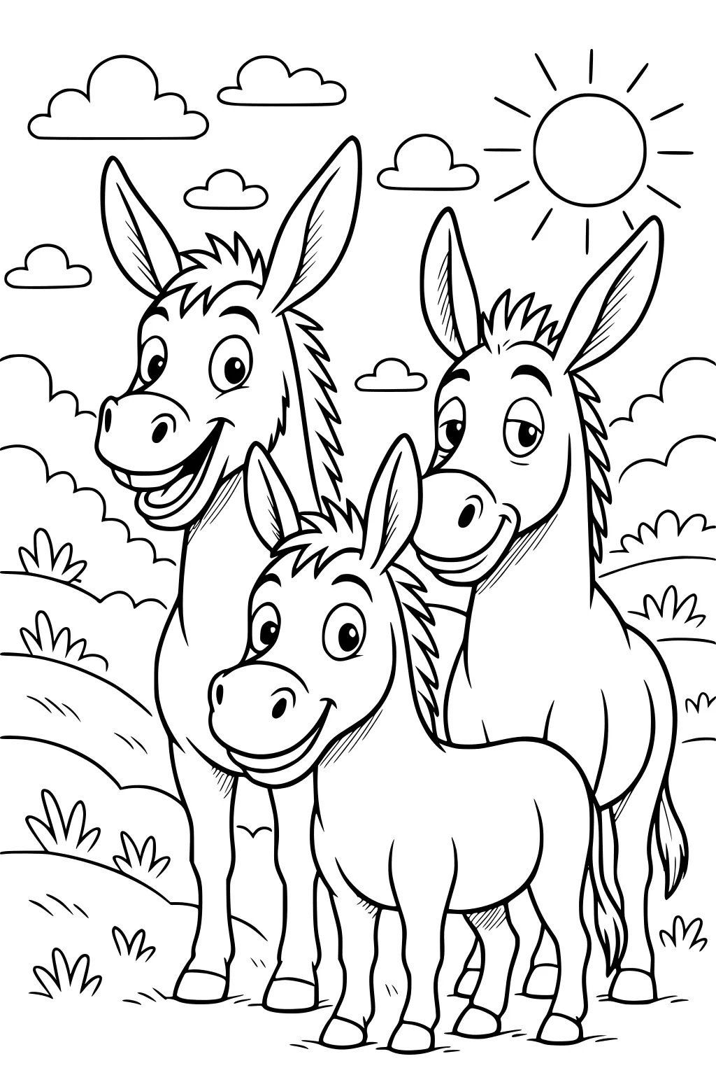 Three smiling donkeys stand together in a grassy meadow under a sunny sky with fluffy clouds and rolling hills.