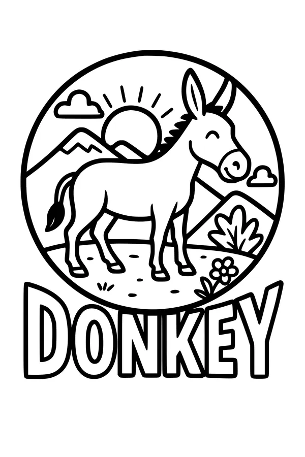 Free Donkey Coloring Page - Sunny Meadow With Mountains (Printable PDF)