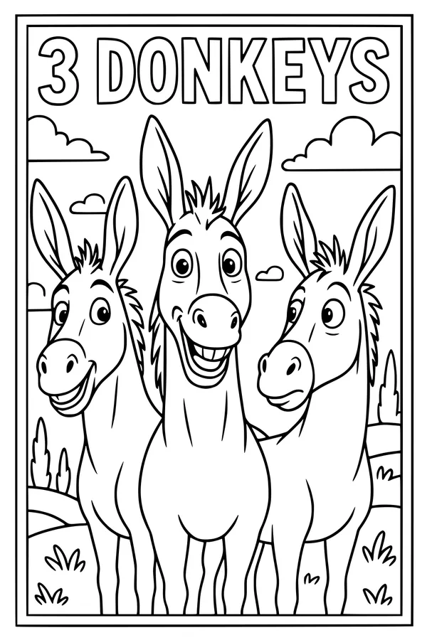 Free Donkey Coloring Page - Three Happy Donkeys in a Meadow (Printable PDF)