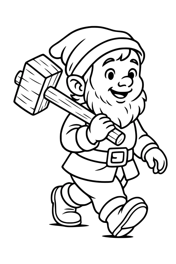 Free Dwarf Gnome Coloring Page - Smiling Boy With Big Hammer (Printable PDF)