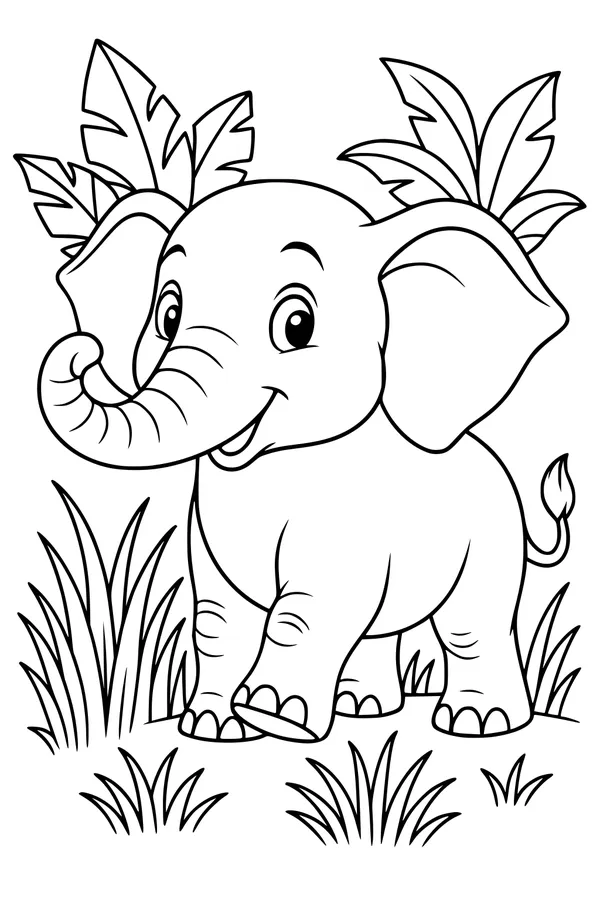 Free Elephant Coloring Page - Smiling Jungle Calf With Big Ears (Printable PDF)
