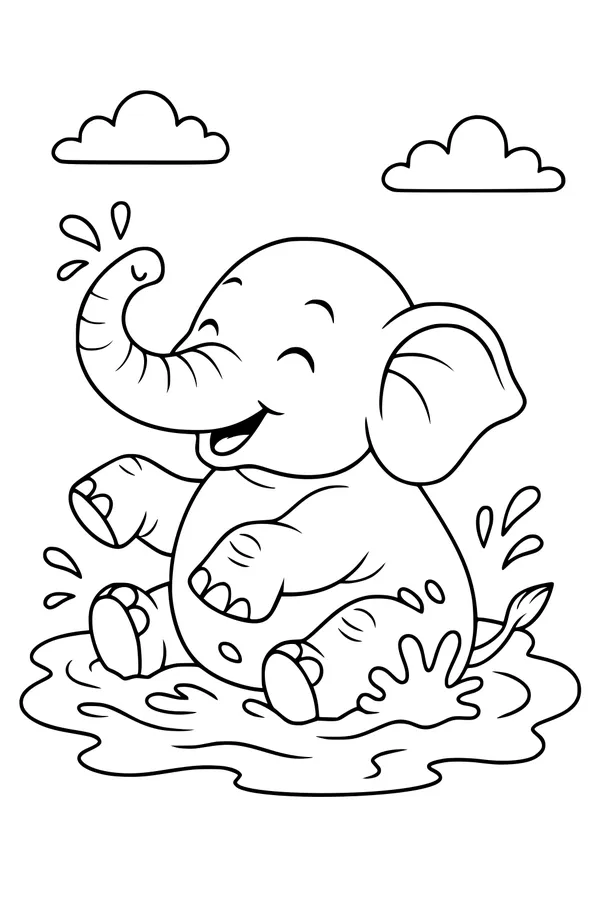 Free Elephant Coloring Page - Baby Elephant Splashing in a Puddle (Printable PDF)