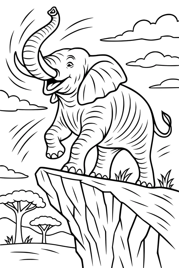 Free Elephant Coloring Page - Trumpeting On a Sunny Cliff (Printable PDF)