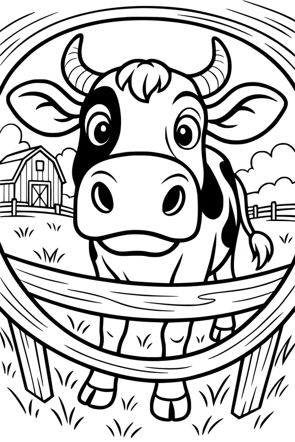Free Cow Coloring Page - Big-Eyed Cartoon Cow at Farm Fence (Printable PDF)