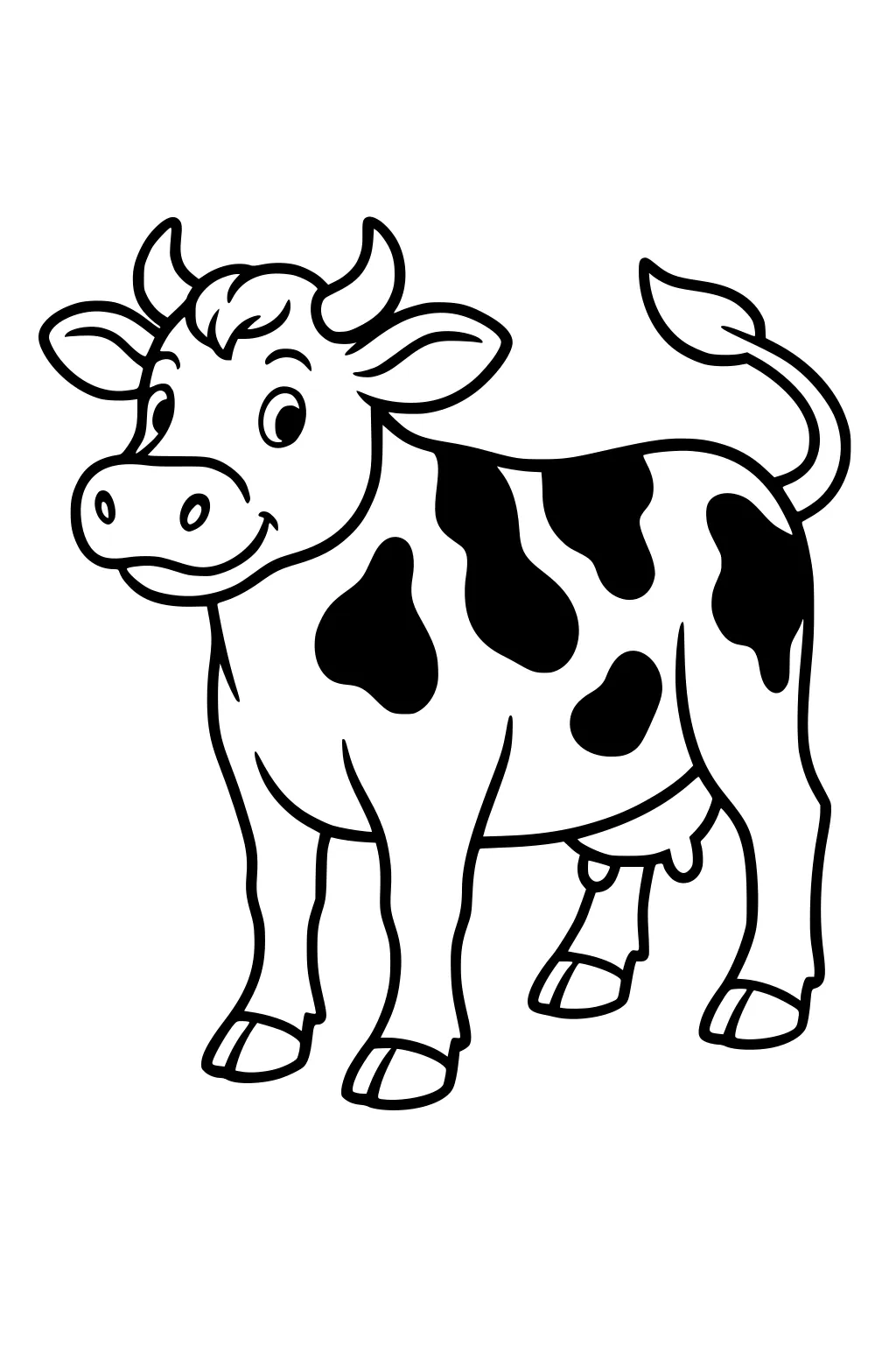 Cartoon cow with big round eyes, spotted body, small horns, friendly smile, and curly tail standing upright.