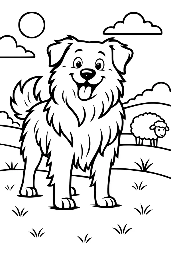 Free Dog Coloring Page - Fluffy Farm Friend in Sunny Meadow (Printable PDF)