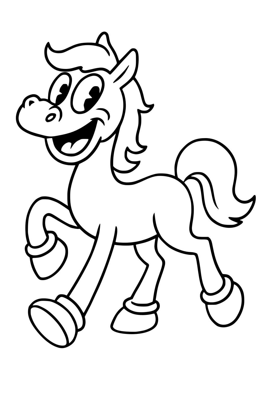 Cartoon horse with large eyes, fluffy mane, lifted front leg, big open smile, and round hooves outlined in black.