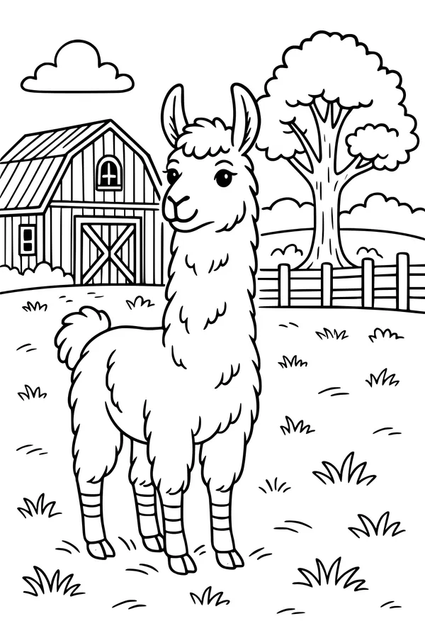 Free Llama Coloring Page - Fluffy Farmyard Barn Scene (Printable PDF)