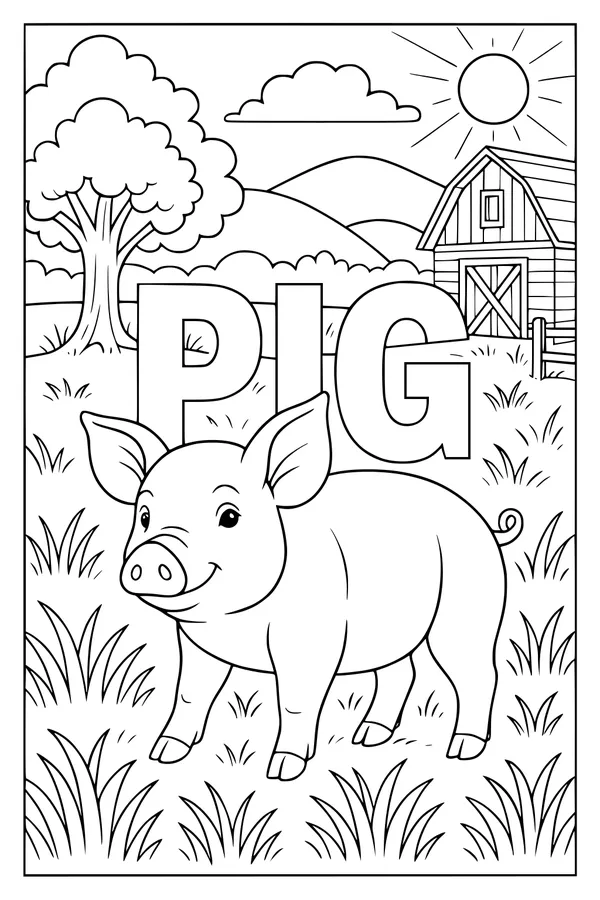 Free Pig Coloring Page - Smiling Farm Pig With Barn Scene (Printable PDF)