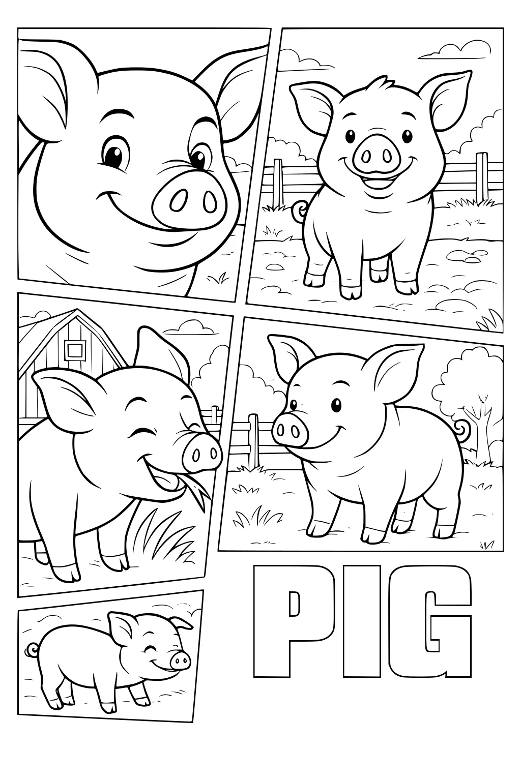 Happy pig in five comic panels, smiling, eating grass, near barn and fences, with large PIG text at bottom.