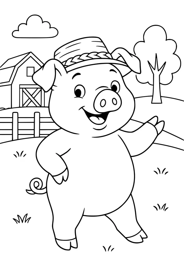 Free Pig Coloring Page - Friendly Pig in Straw Hat on the Farm (Printable PDF)
