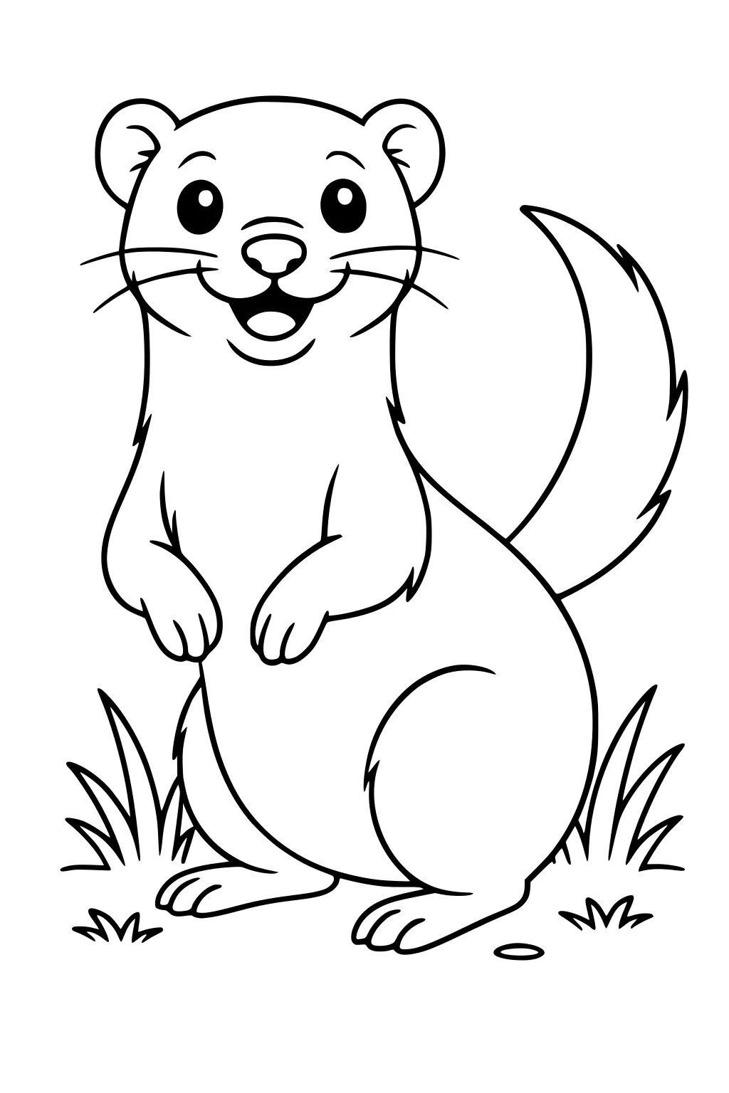 Cartoon ferret standing upright, smiling, surrounded by tall grass, with a large curved tail and round eyes.