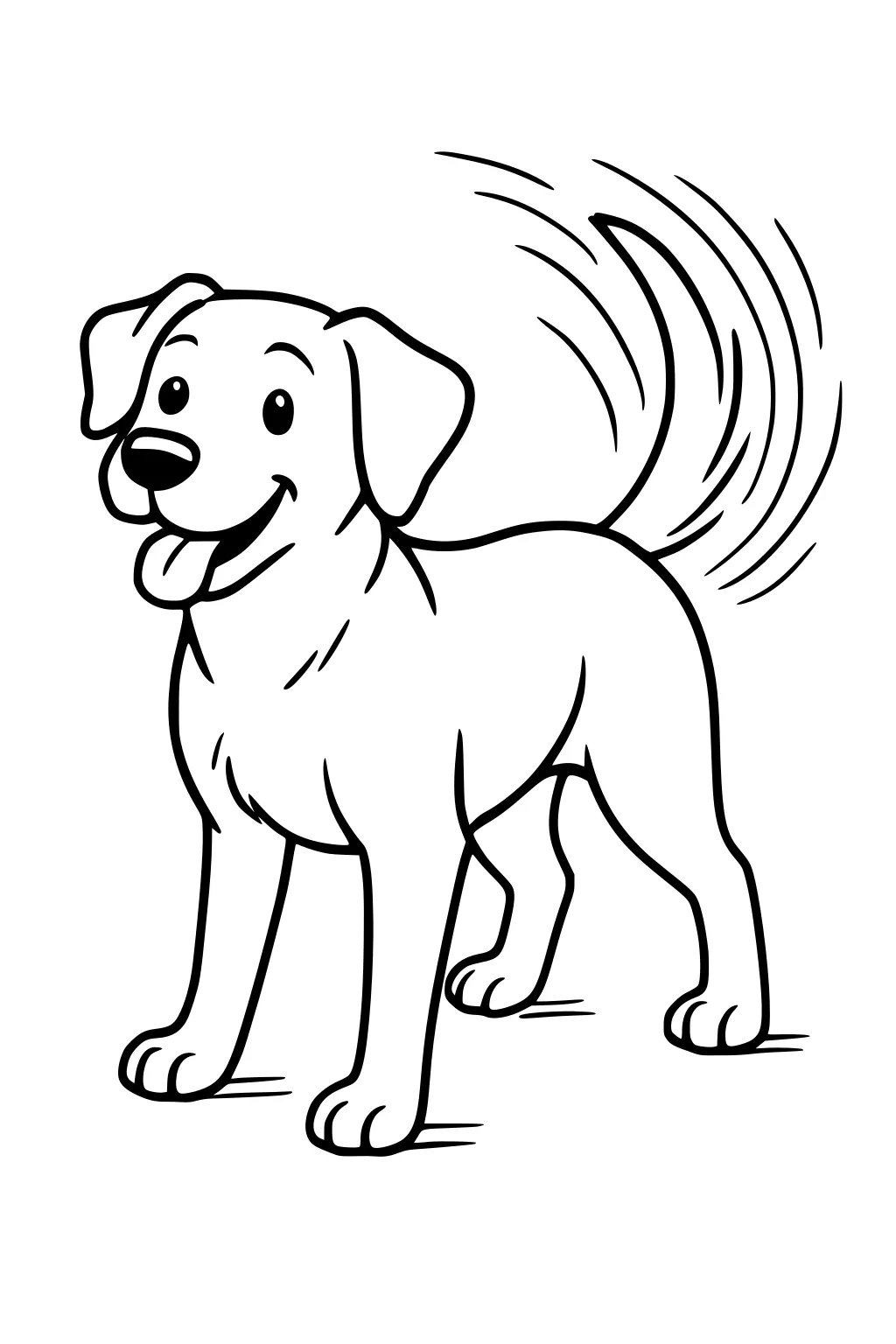 Cartoon dog with wagging tail and big smile standing on all four legs.