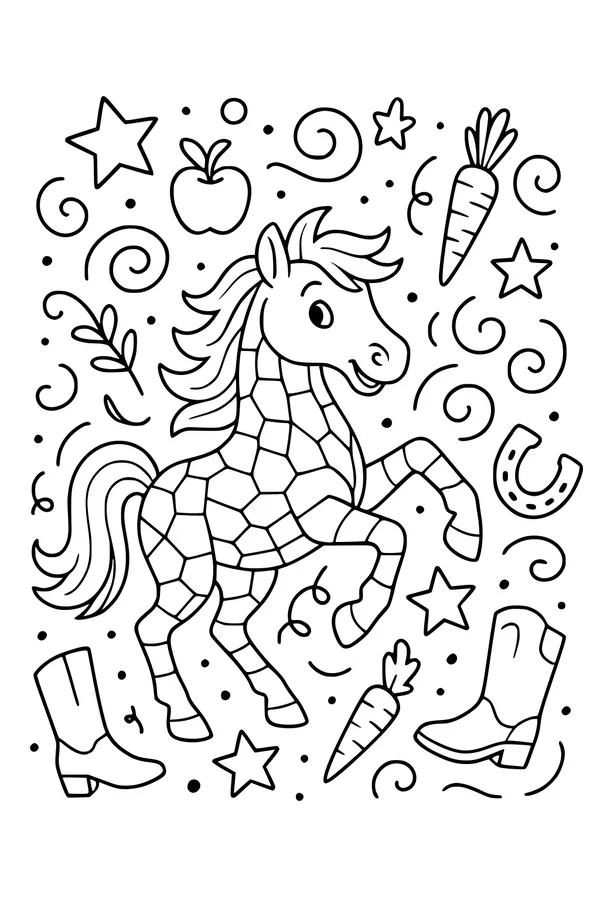 Free Pony Coloring Page - Fancy Dancing Horse with Treats (Printable PDF)