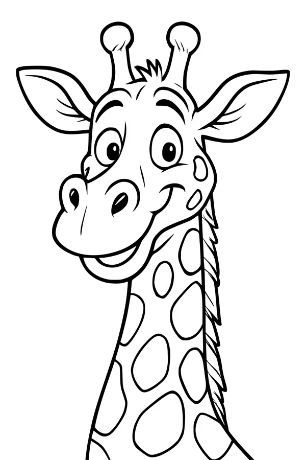 Free Giraffe Coloring Page - Smiling Cartoon Face with Big Spots (Printable PDF)