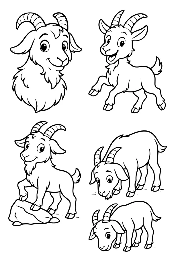 Free Goat Coloring Page - Playful Cartoon Goats on a Hillside (Printable PDF)