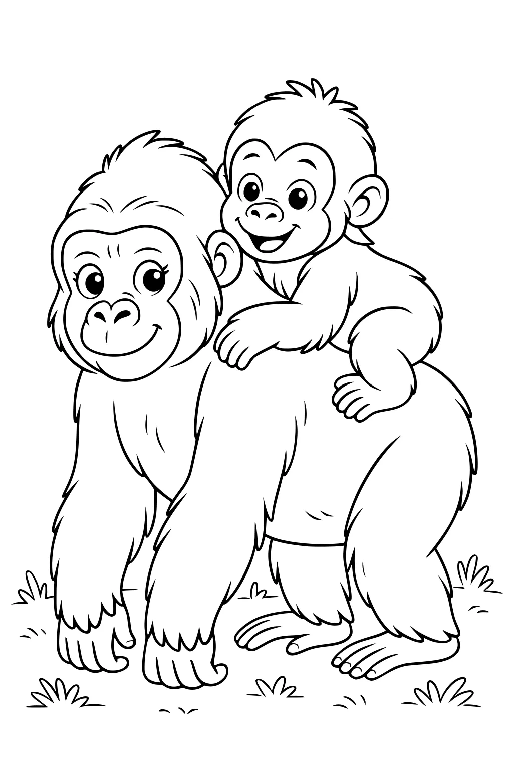 Mother gorilla walks on grass with a smiling baby gorilla riding on her back. Both have round faces and cheerful expressions.