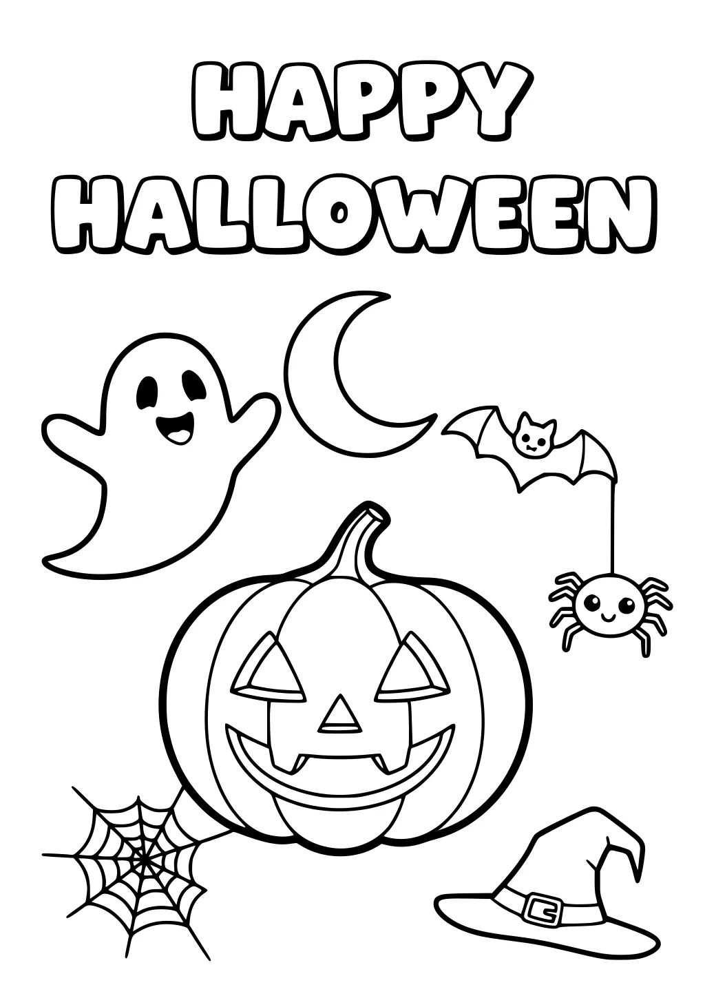 Happy Halloween page with smiling jack-o-lantern, ghost, crescent moon, bat, hanging spider, web, and witch hat in bold outlines.