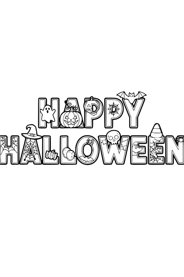 Free Happy Halloween Letters Coloring Page - Spooky Decorated Word Art (Printable PDF)