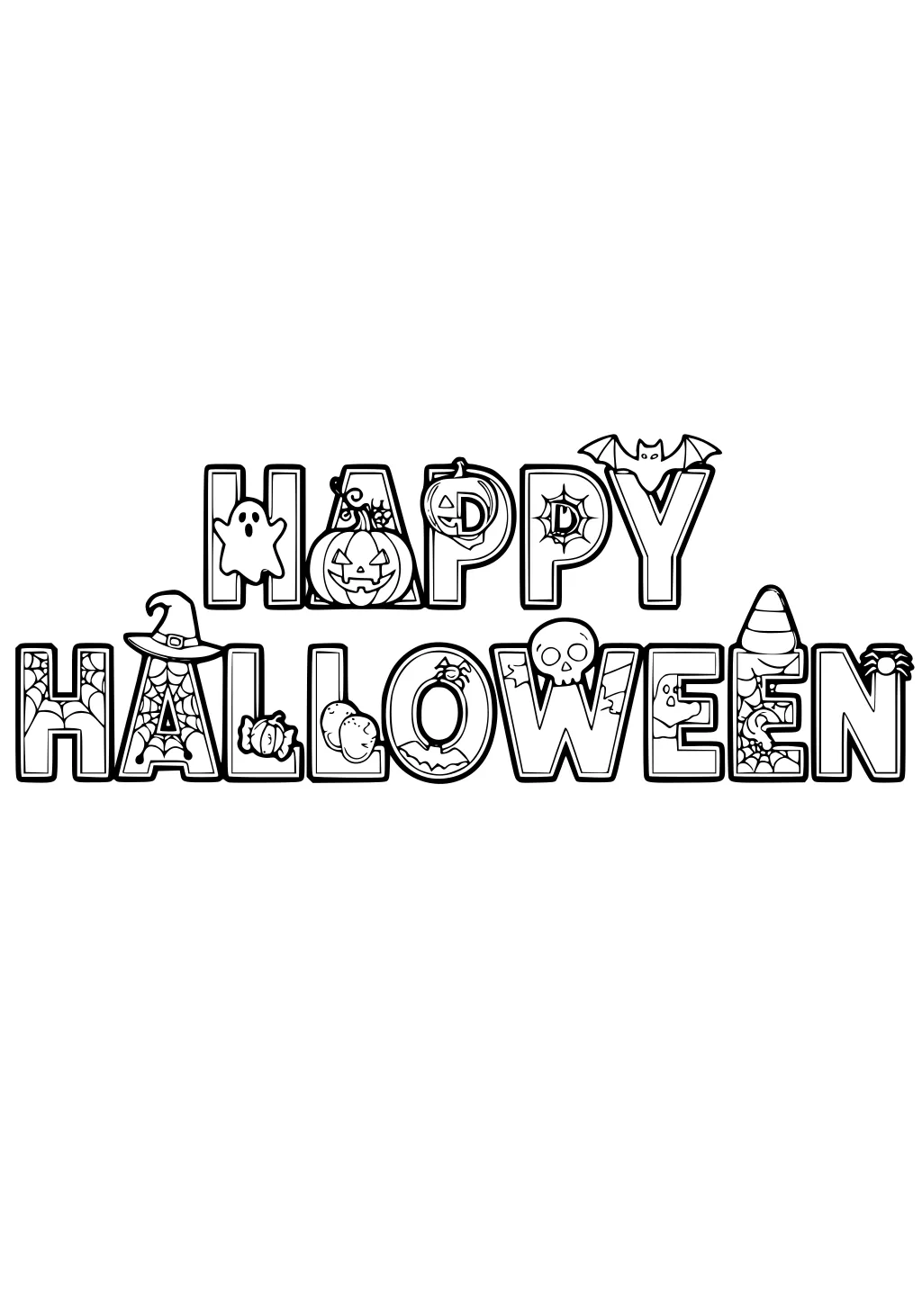 Happy Halloween letters with ghost, pumpkin, webs, bat on Y, witch hat, candies, eyeballs, skull, candy corn, and spiders.