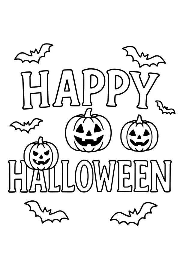 Free Halloween Coloring Page - Happy Halloween With Pumpkins and Bats (Printable PDF)