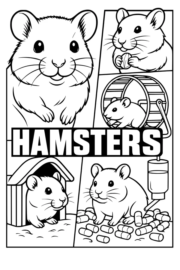 Free Hamster Coloring Page - Five Cute Pet Scenes (Printable PDF)