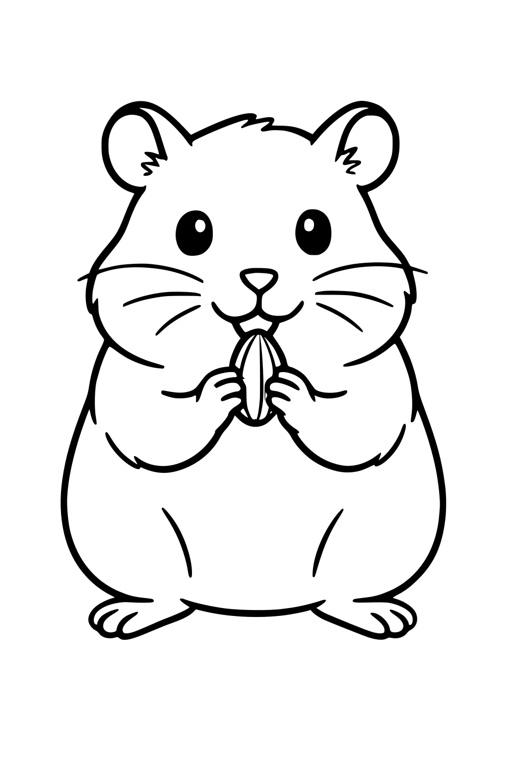 Cartoon hamster sitting up, holding a seed in its paws and looking ahead with round eyes and whiskers.