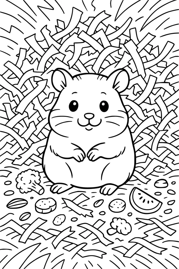 Free Hamster Coloring Page - Chubby Pet With Tasty Snacks (Printable PDF)