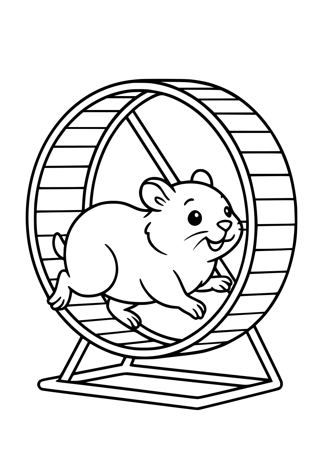 Cartoon hamster running in a big round wheel with wide bars and a sturdy stand.